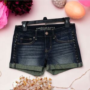 AE American Eagle Faux Leather Trim Dark Denim Cutoff Shortie Short Sz 4